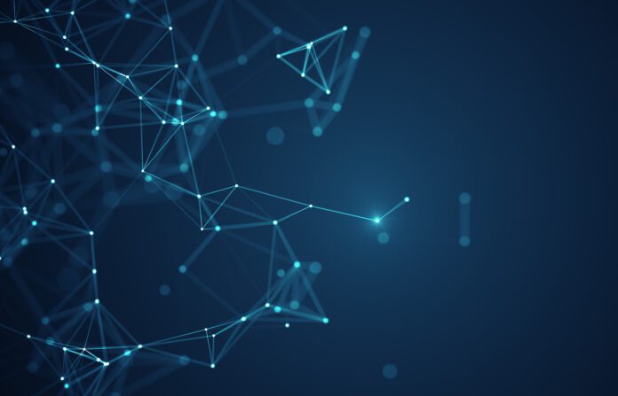 Abstract connected dots and lines on blue background.