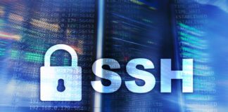 Lock and SSH inscription on a background of IP values and a data center.