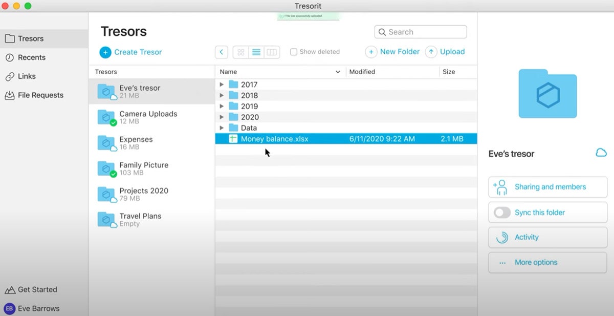 Tresorit dashboard.