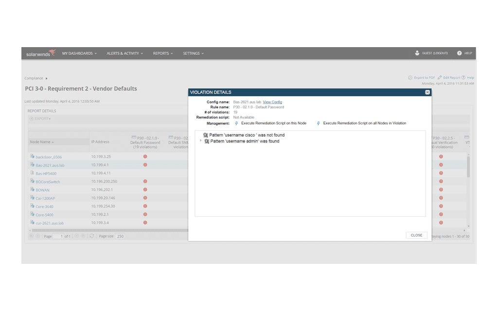 SolarWinds Network Vulnerability Detection screenshot.