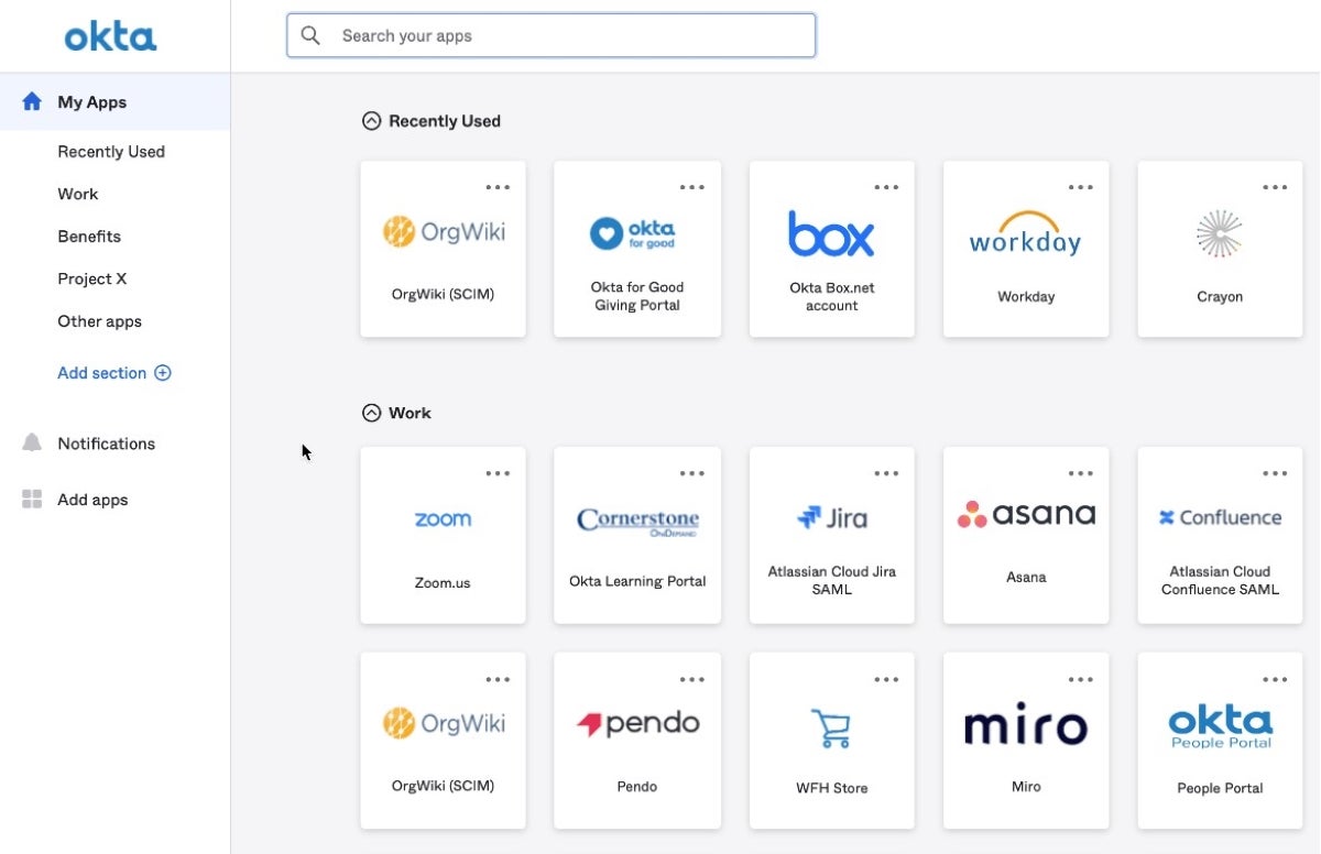 Okta dashboard.