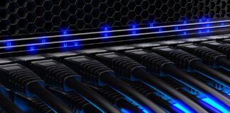 Modern network switch with cables.