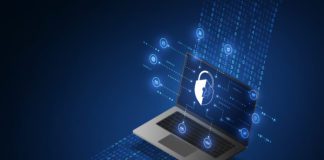 Laptop computer with padlock overlay surrounded by numbers.