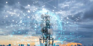 Telecommunication tower with 5G cellular network antenna on city background, Global connection and internet network concept.