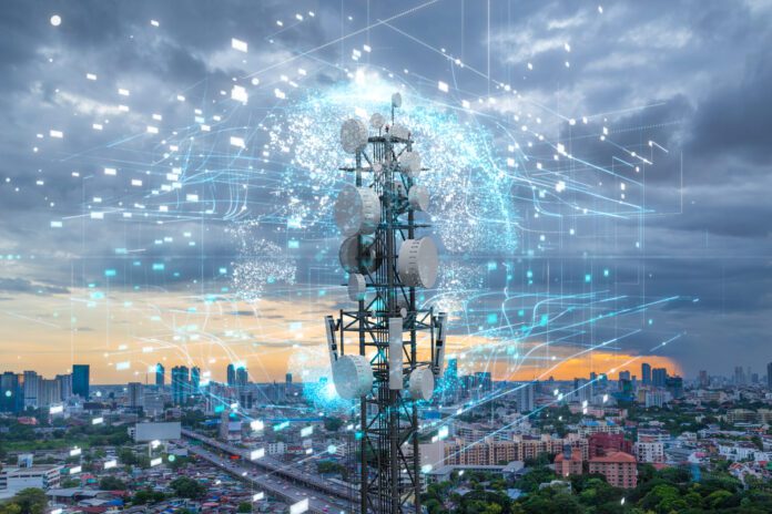 Telecommunication tower with 5G cellular network antenna on city background, Global connection and internet network concept.