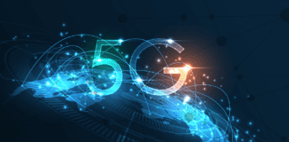 5G label on a virtual halfglobe with interconnected points.