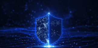 Vector rendering of a blue virtual shield atop the cyberspace grid.