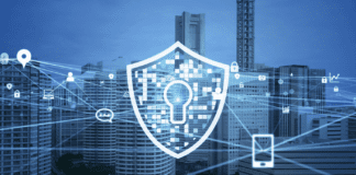 Shield icon with keyhole emblem on a corporate background.