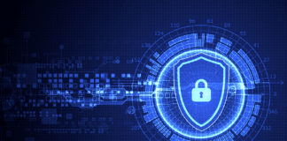 Vector illustration of a virtual blue shield with a lock emblem on a digitial grid.