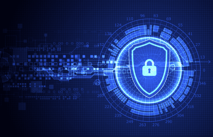 Vector illustration of a virtual blue shield with a lock emblem on a digitial grid.