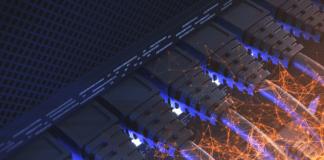 LAN cables connected to a hub with a network of nodes overlay.