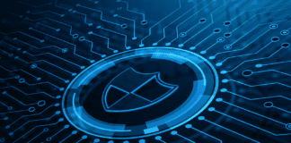 Vector illustration of a blue shield icon connected to a circuit grid.