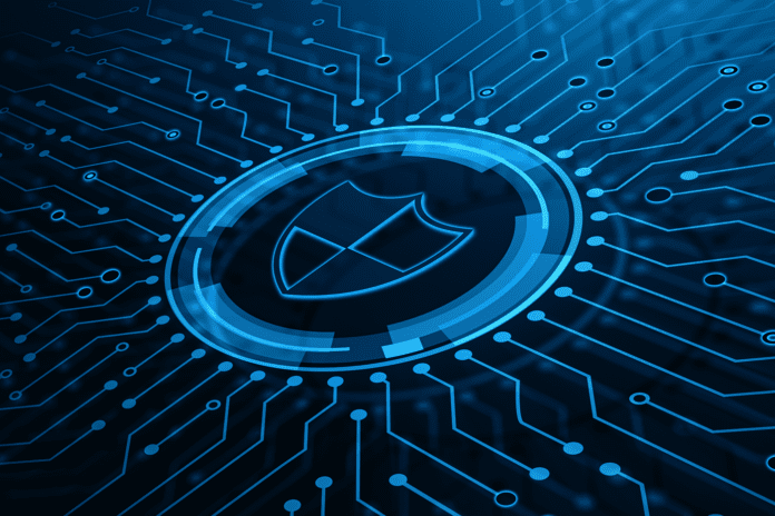 Vector illustration of a blue shield icon connected to a circuit grid.