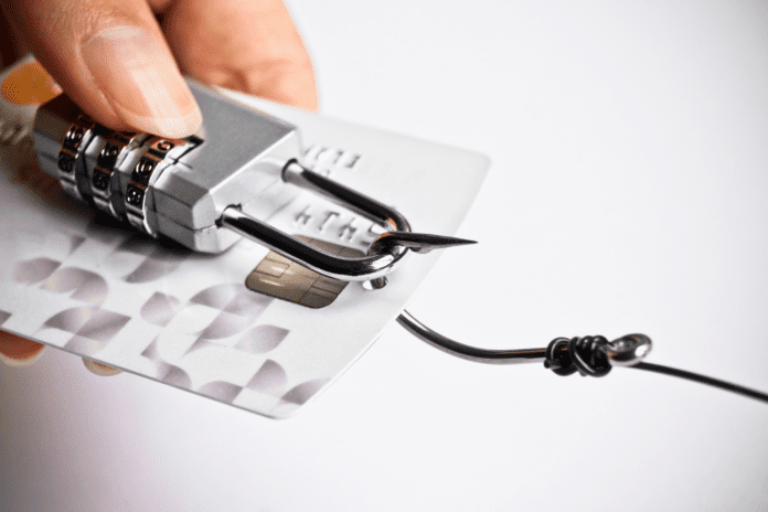 Security lock with password and fish hooks on credit cards.