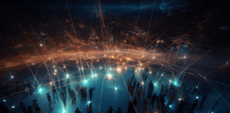 AI-generated image of people with phones connected by beams on the surface of the earth.
