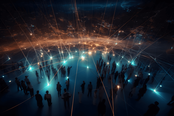 AI-generated image of people with phones connected by beams on the surface of the earth.