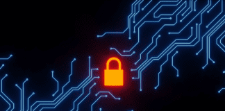 Orange lock icon within a circuit grid.