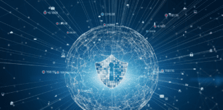 Shield icon on secure global network.