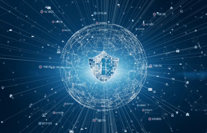 Shield icon on secure global network.