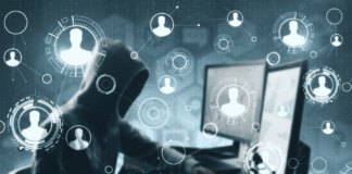 Interlinked nodes with person icons with an active hacker in the background.