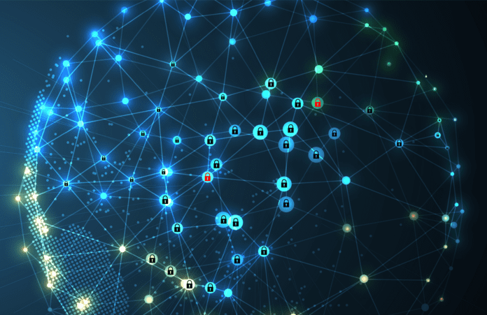 A globe of interconnected nodes with lock icons.