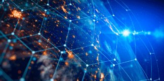 A virtual overlay of interconnected nodes over the globe.