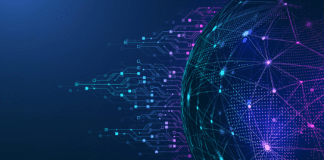 Half globe showing network of nodes with futuristic blue circuit board background in vector render.