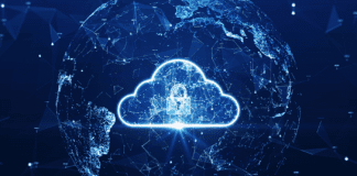 A large cloud icon prominently in the center of the abstract world and polygon with a dark blue background.