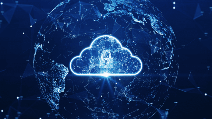 A large cloud icon prominently in the center of the abstract world and polygon with a dark blue background.