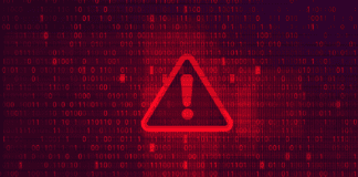 Red warning icon on an abstract red background with binary code numbers.