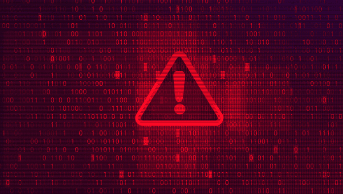 Red warning icon on an abstract red background with binary code numbers.