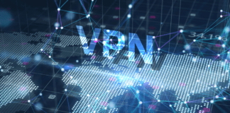 Virtual VPN label hovering over a digital world map with interconnected nodes on a virtual grid background.