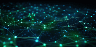 Interconnected blue and green nodes form an intricate virtual network.