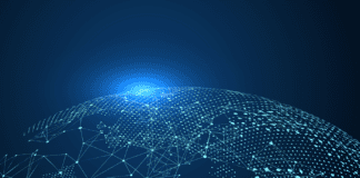 Virtual net of interconnected nodes covering a digital globe.