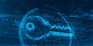 Abstract virtual key symbol on a digital background.