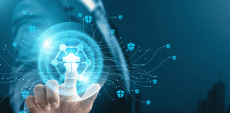 Businessman ensuring secure digital global network for data exchange.