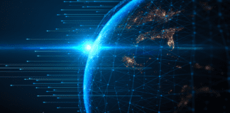 Surface of the Earth covered in a network of interconnected nodes.