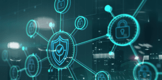 Interconnected virtual nodes with shield and lock icons on a city background.