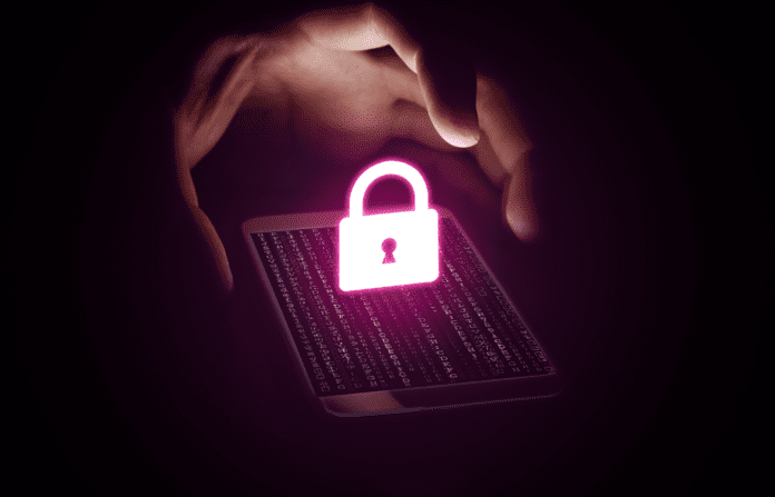 Hand holding a smartphone with a virtual lock icon.