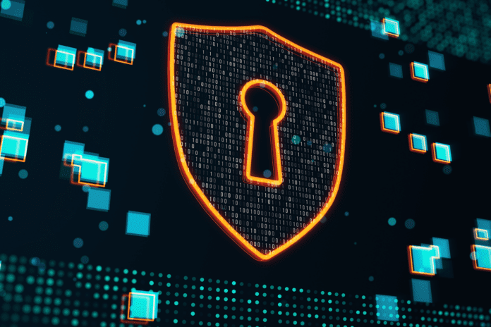 Digital image of a shield with a keyhole emblem.