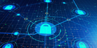 Network grid with nodes marked with a closed lock.