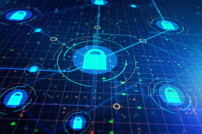 Network grid with nodes marked with a closed lock.