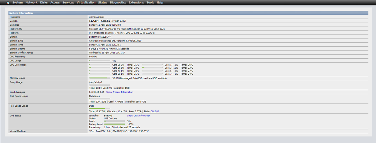XigmaNAS System Information dashboard